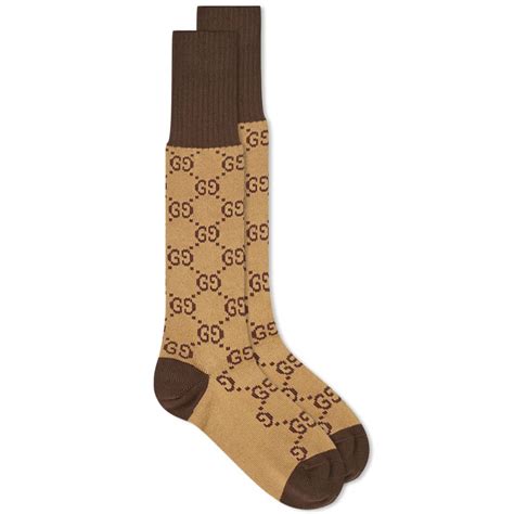 brown gucci socks on feet.